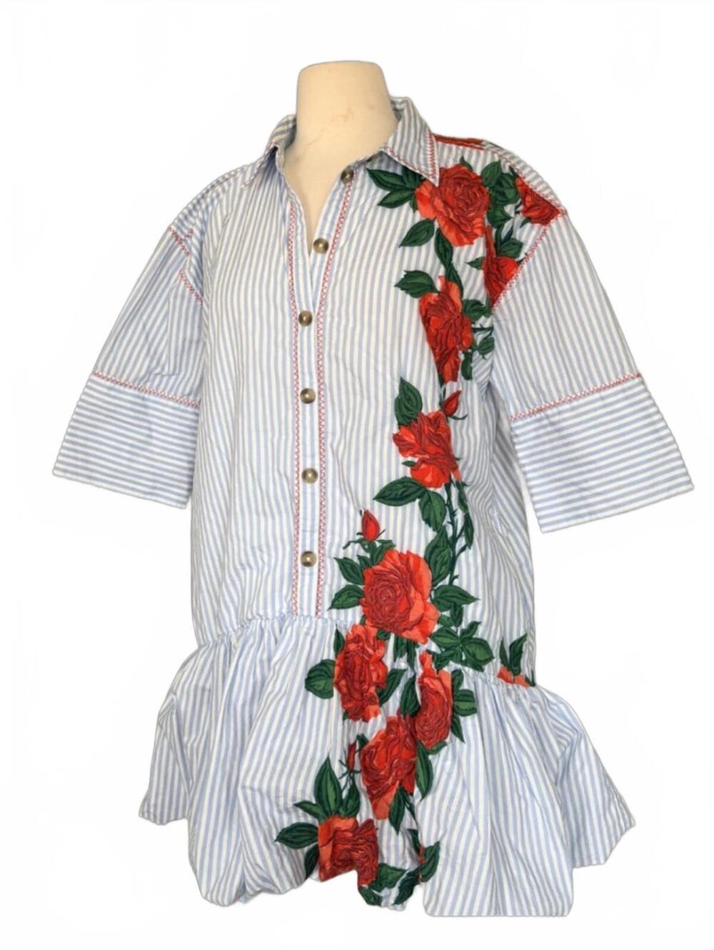 Anthropologie Maeve Embroidered Shirt Dress | Blue Stripe Floral Midi | Size S